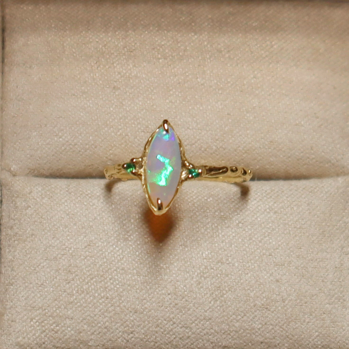 Green Marquise Opal Emerald Three Stone Ring